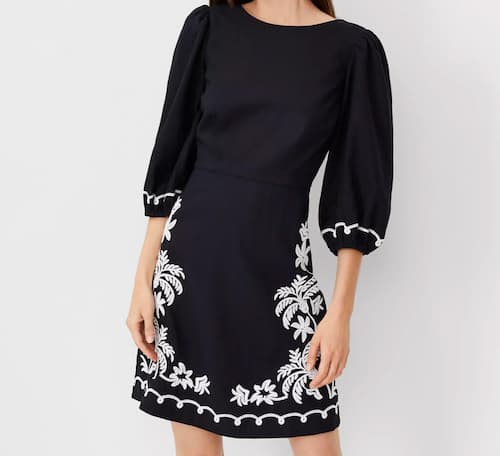 Ann Taylor Factory Store: Embroidered Linen Blend Open Back Flare Dress, Black | Photo: Ann Taylor