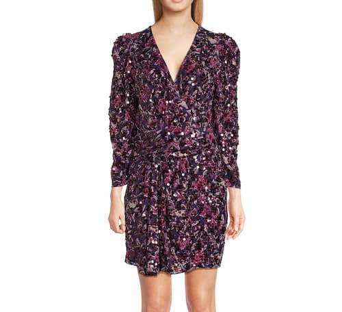 Saks OFF 5TH: Sola Surplice Sequin Mini Dress, Violet | Photo: Saks OFF 5TH