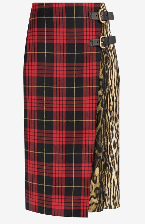 Roberto Cavalli Tartan and Ocelot-Print Skirt in Red