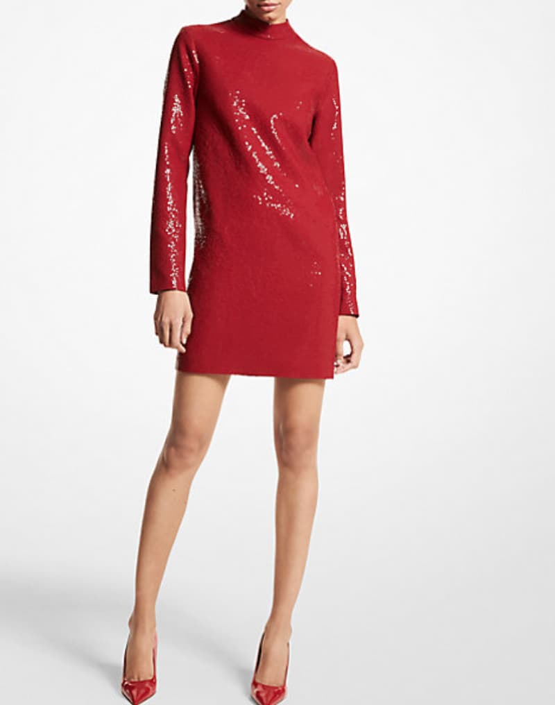 Michael Kors Hand-Embroidered Paillette Double Crepe Sablé Shift Dress in Scarlet Red