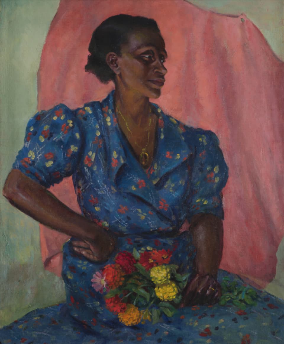 Towards Joy: New Frameworks for American Art: Laura Wheeler Waring. Woman with Bouquet, ca. 1940. Oil on canvas. Brooklyn Museum; Brooklyn Museum Fund for African American Art in honor of Teresa A. Carbone, 2016.2. © Estate of Laura Wheeler Waring.