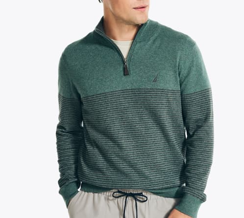 Nautica Men’s Navtech Striped Quarter-Zip Sweater in Sage