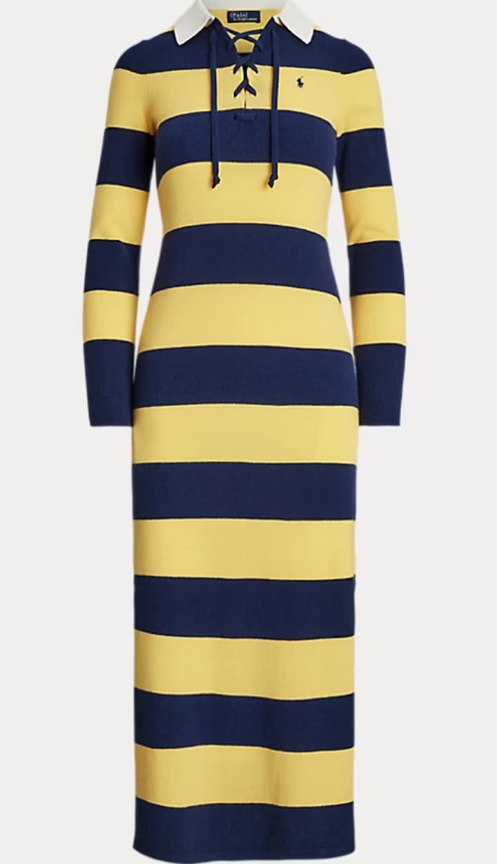 Polo Ralph Lauren Factory Store Striped Rugby Sweater Dress in NavyGold