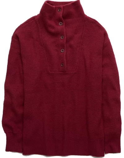 Aerie CozyUp Waffle Button Sweater in Cherry Tart