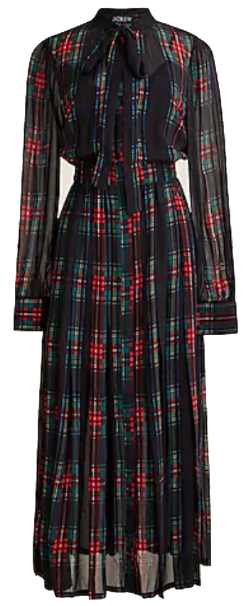 J. Crew Factory Tie-neck dress in Stewart tartan viscose chiffon in Black Red Tartan