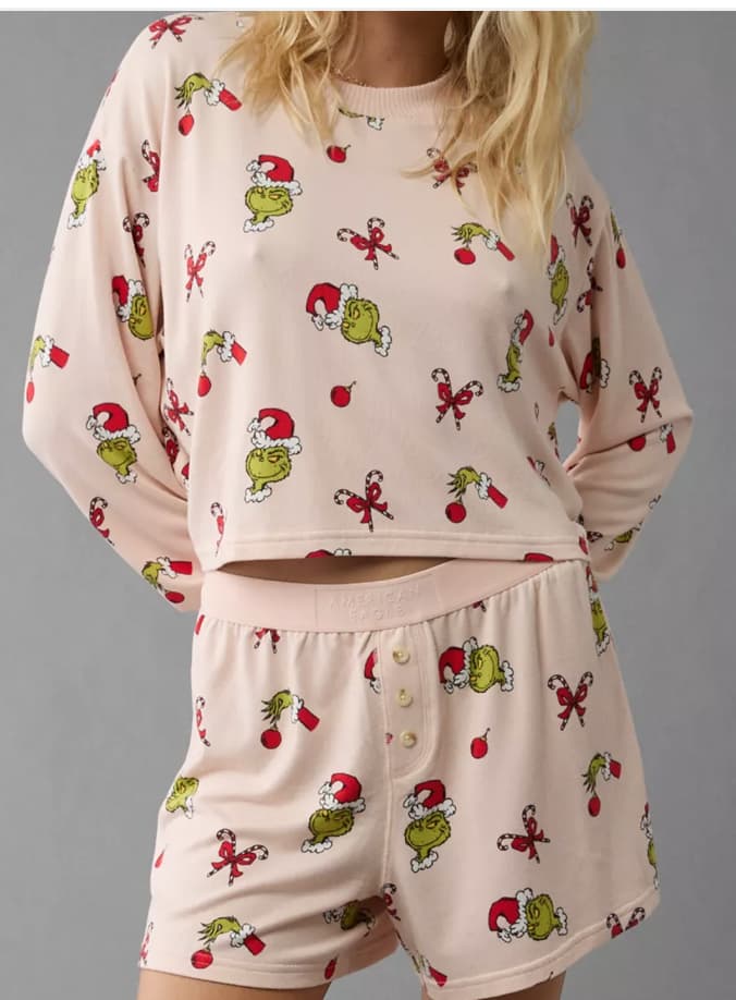 American Eagle Outfitters AE Grinch Candy Cane Plush PJ Set in Pink