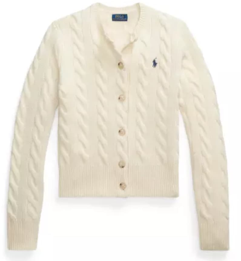 Polo Ralph Lauren Factory Store Cable-Knit Wool Crewneck Cardigan in Authentic Cream