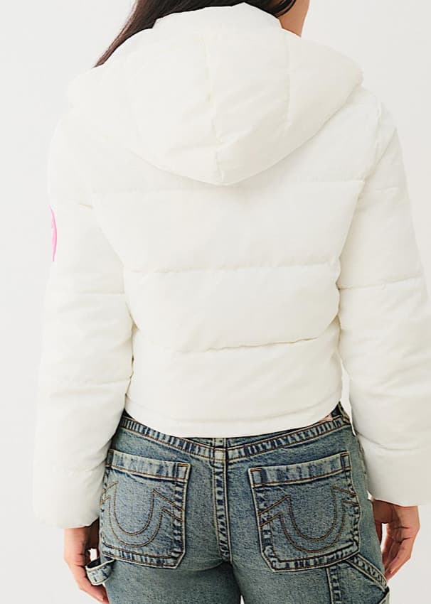 True Religion Outlet Faux Patent Leather Hooded Puffer Jacket in White